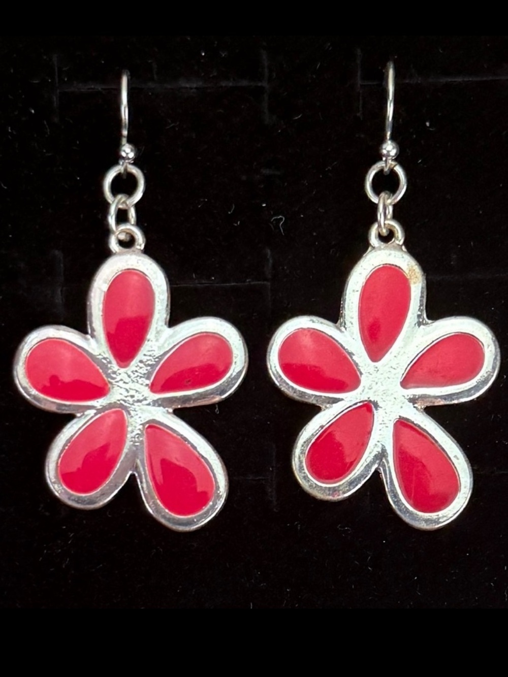 Vintage Silvertone Red Flower Drop Pierced Earrings